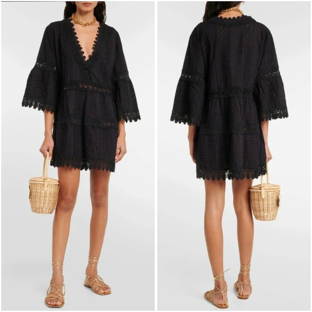 Melissa Odabash Victoria Broderie Anglaise Tiered Mini Dress Black Medium - Picture 1 of 12